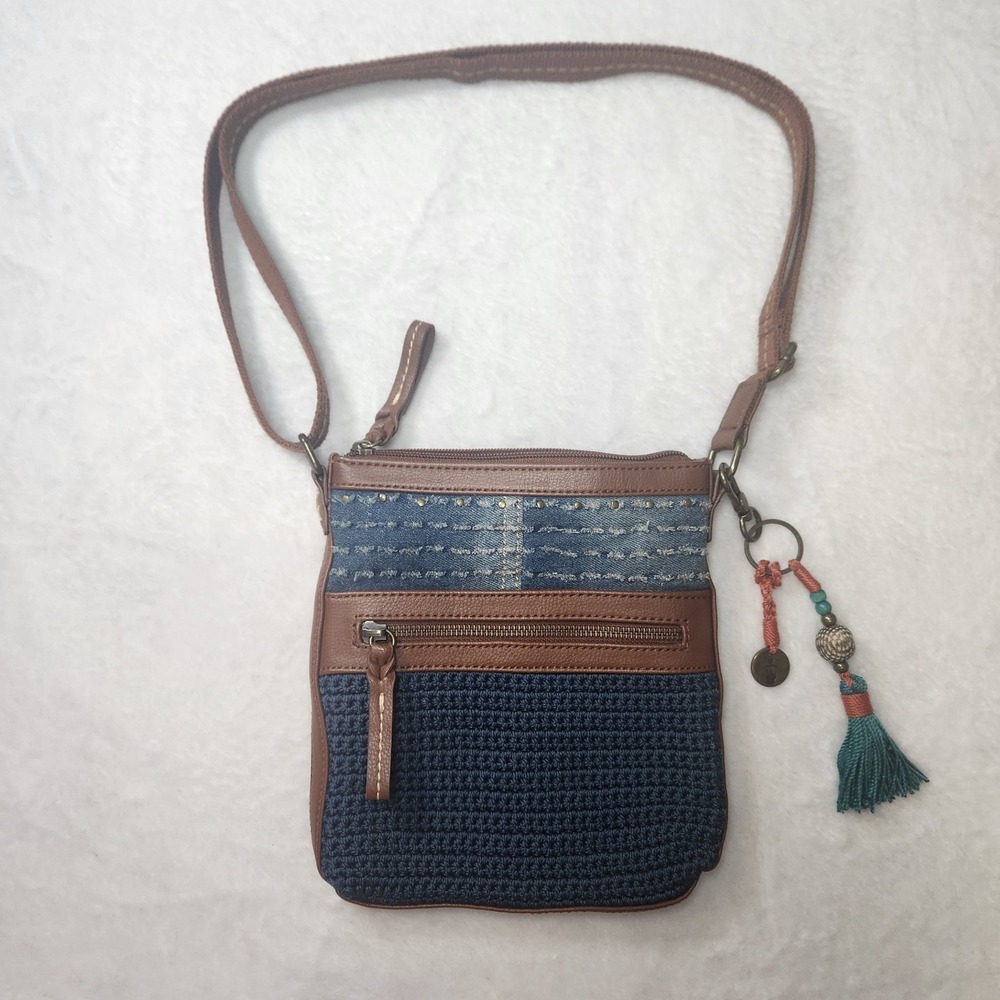 The Sak Crochet Denim Crossbody Bag Boho Charm Keychain Tassel Festival Western